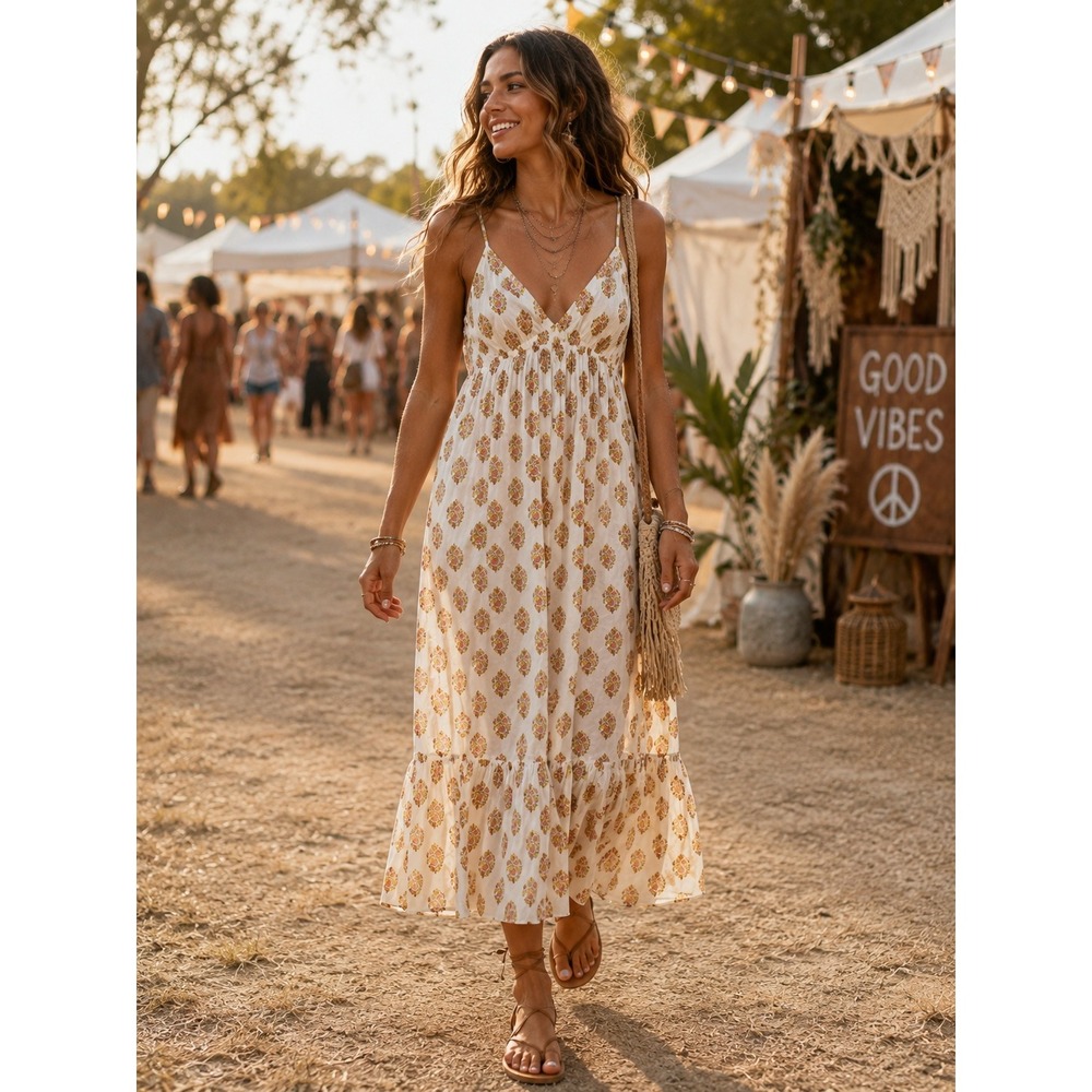 DIZZY LIZZY 100% Cotton Boho Maxi Dress XL Block Print Sundress Resort Festival